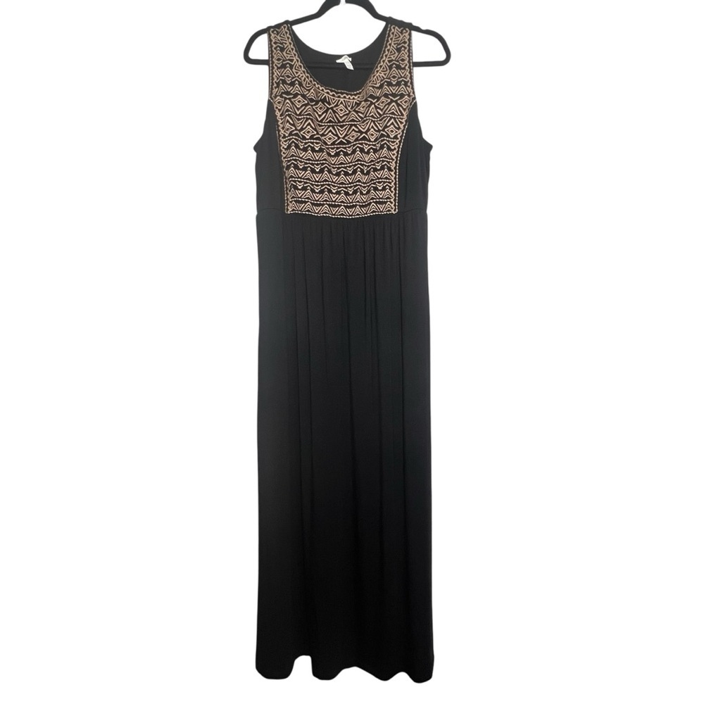 Soma Maxi Dress Womens Size XL Black Tan Embroidered Sleeveless Comfort Boho